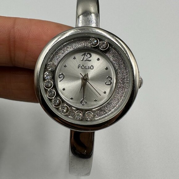 3/$30 Folio Watch Women Silver  Bangle Band Floating Crystal Accent Works 6.75" - Picture 1 of 14